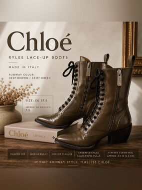 Authentic Chloe Rylee Boots 37.5 Brown Olive Leather Lace Up Italy Runway